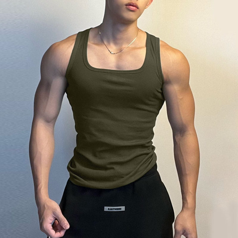 Men solid color casual olive green sleeveless tank top with a square neckline and fitted design available in sizes S to 5XL.