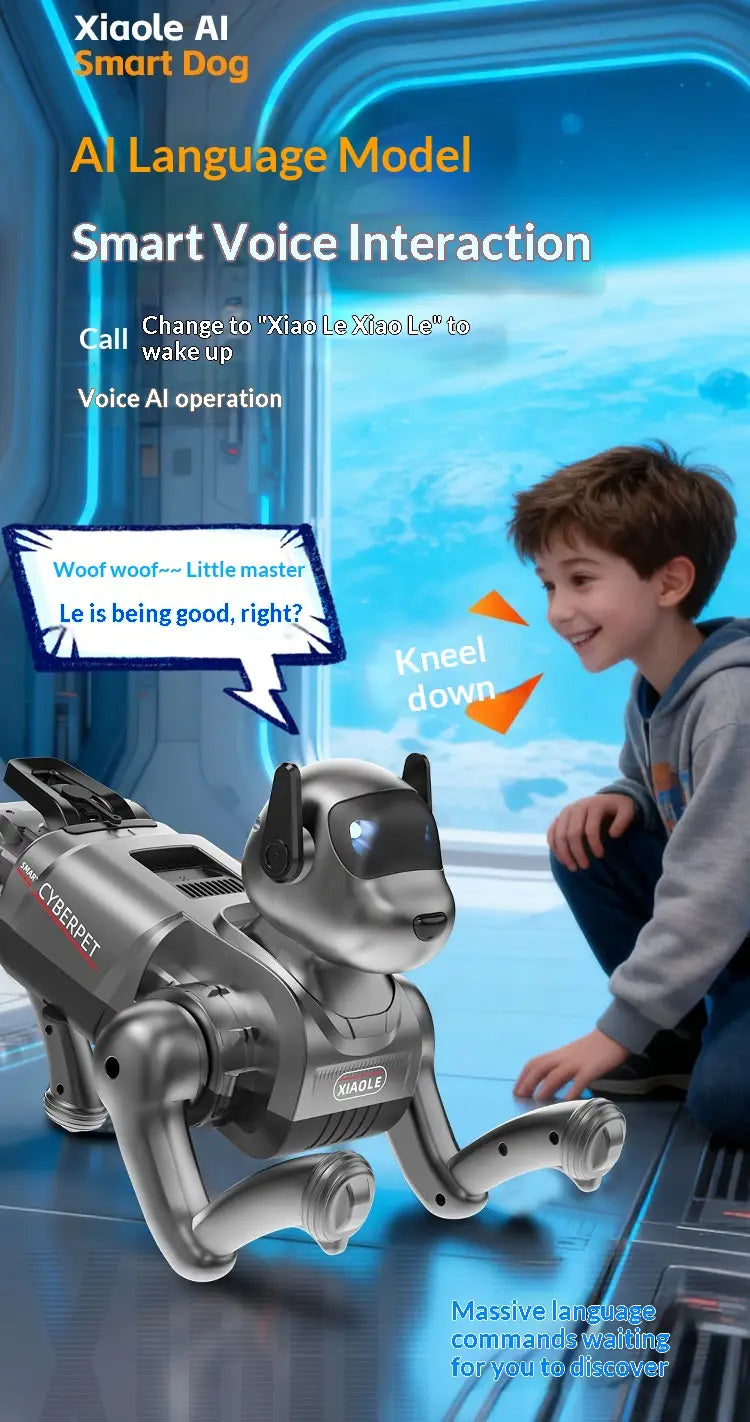 Ai smart robot dog interactive electronic pet with silver metallic body sleek futuristic design and glowing blue eyes.