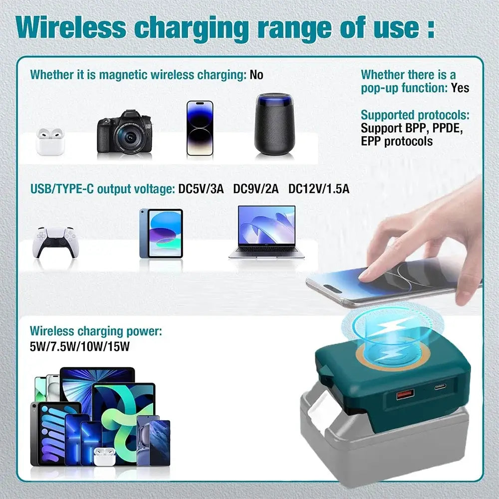 teal and gray battery wireless charging adapter with usb-c ports for makita dewalt milwaukee tools