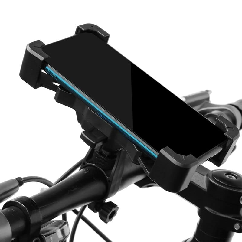 black plastic bike phone holder 360 rotation handlebar mount securely holding a smartphone with a blue edge