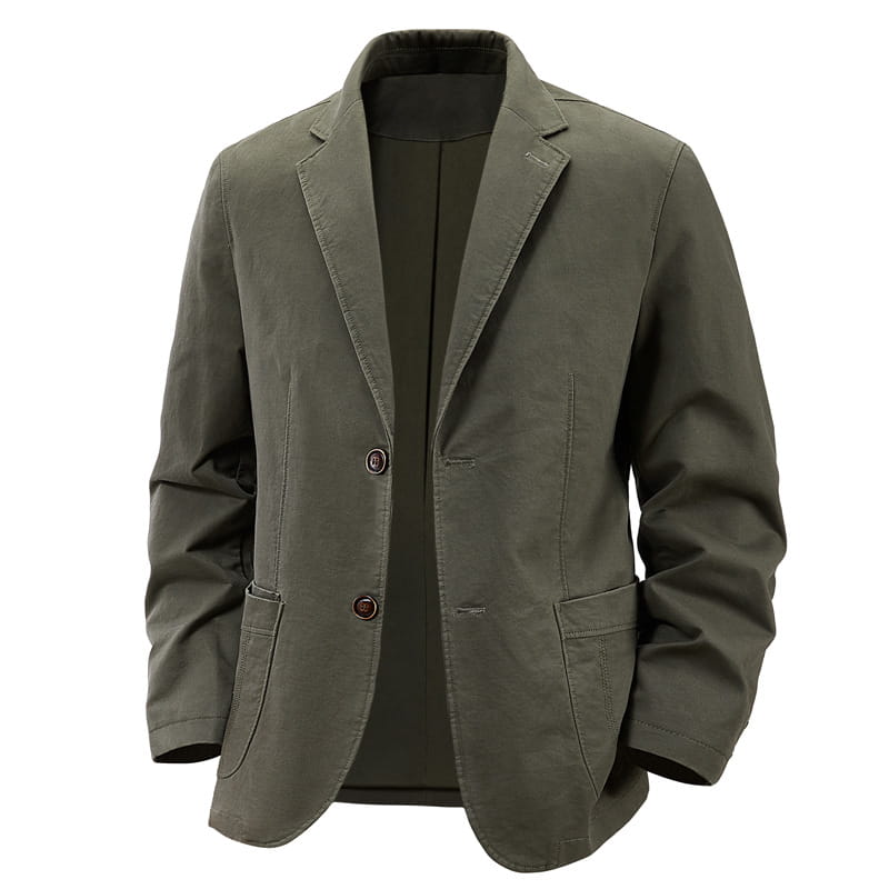 Men brown cotton casual blazer slim fit suit jacket in olive green with two front buttons and flap pockets.