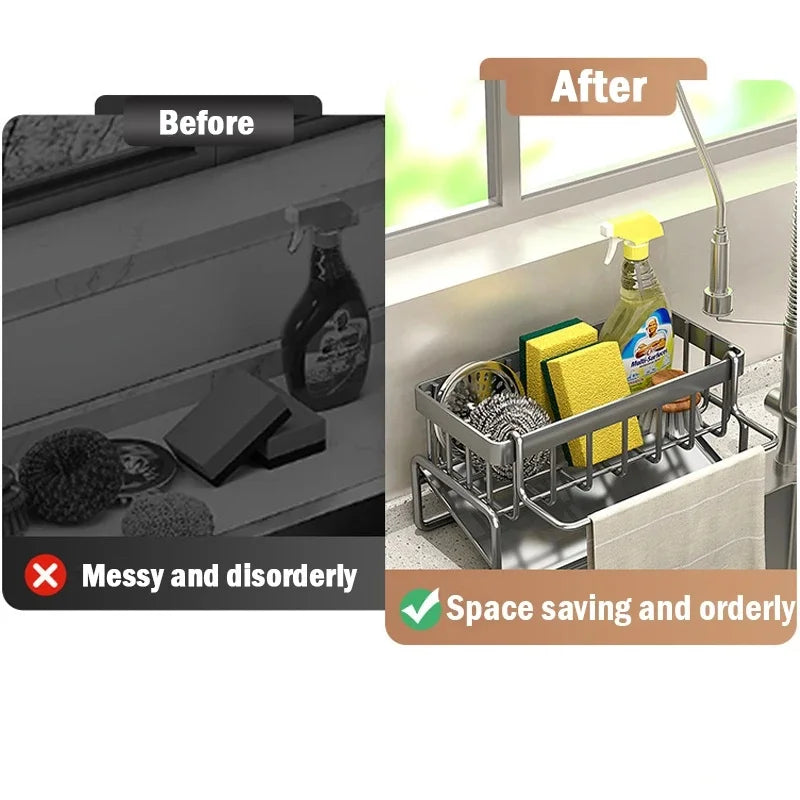 Kitchen Multifunctional Stainless Steel Sink Cleaning Tools Storage Rack Drain Rack For Sponge Cleanser Rag Organizer Hanger