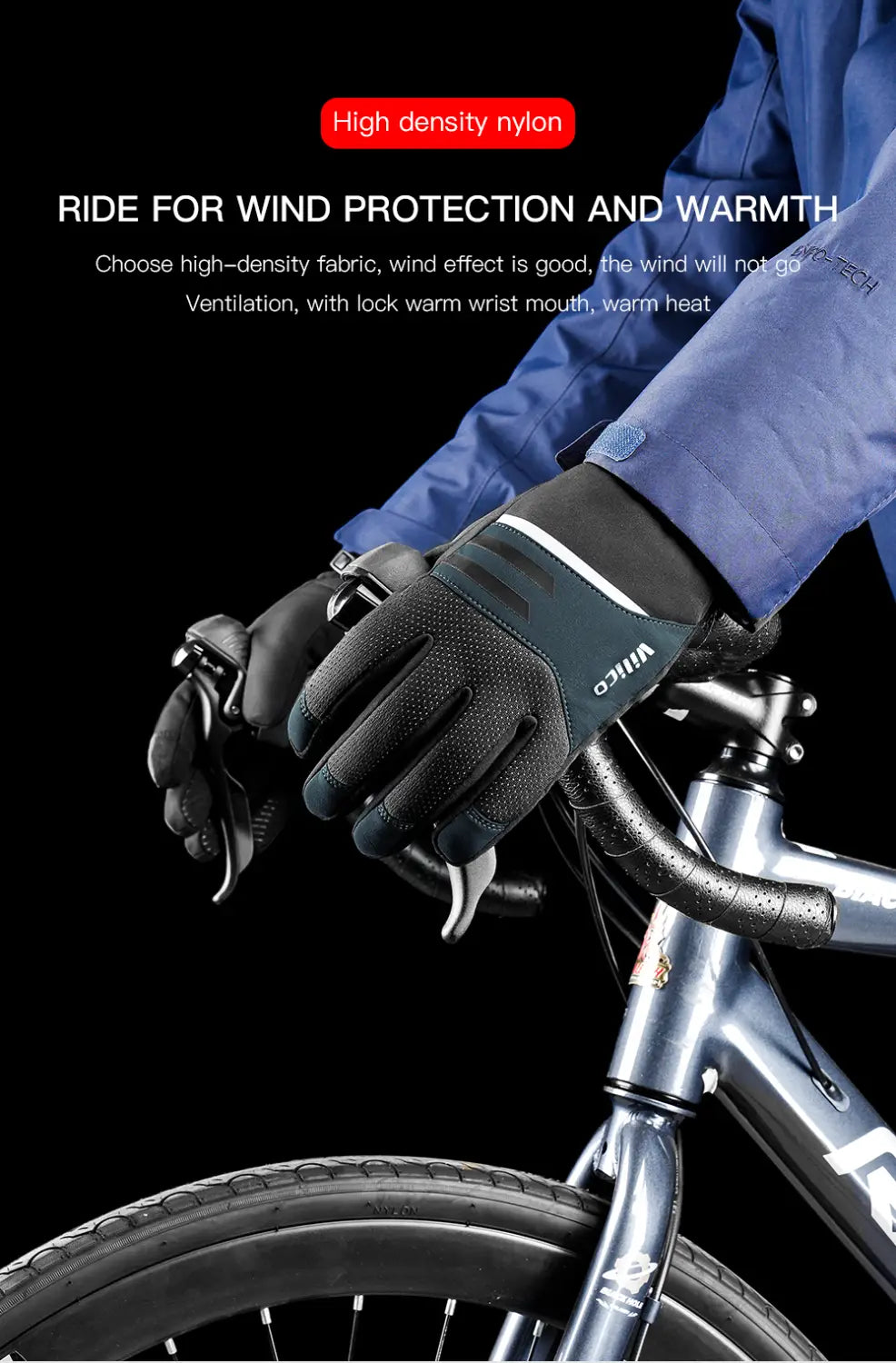 Guantes de ciclismo de invierno impermeables para hombre en negro y verde oscuro de nailon de alta densidad con franjas de acento blancas, mostrados desde el reverso.
