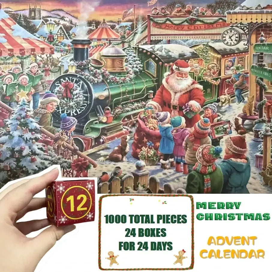 Red and gold advent calendar box with snowflake design showing a festive christmas scene for 24-day countdown
