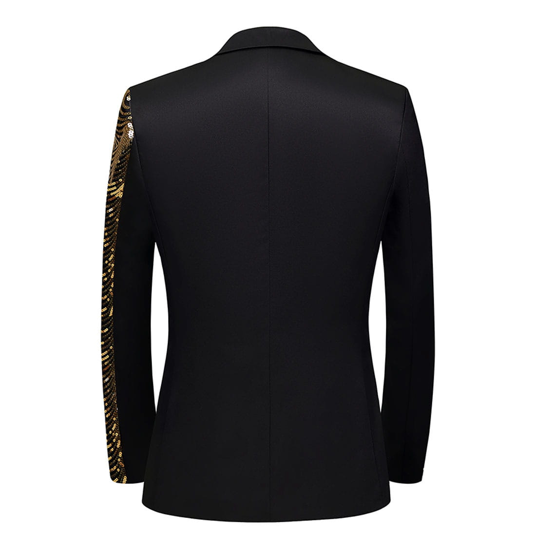 Black satin blazer for men featuring gold sequin detailing along the left sleeve.