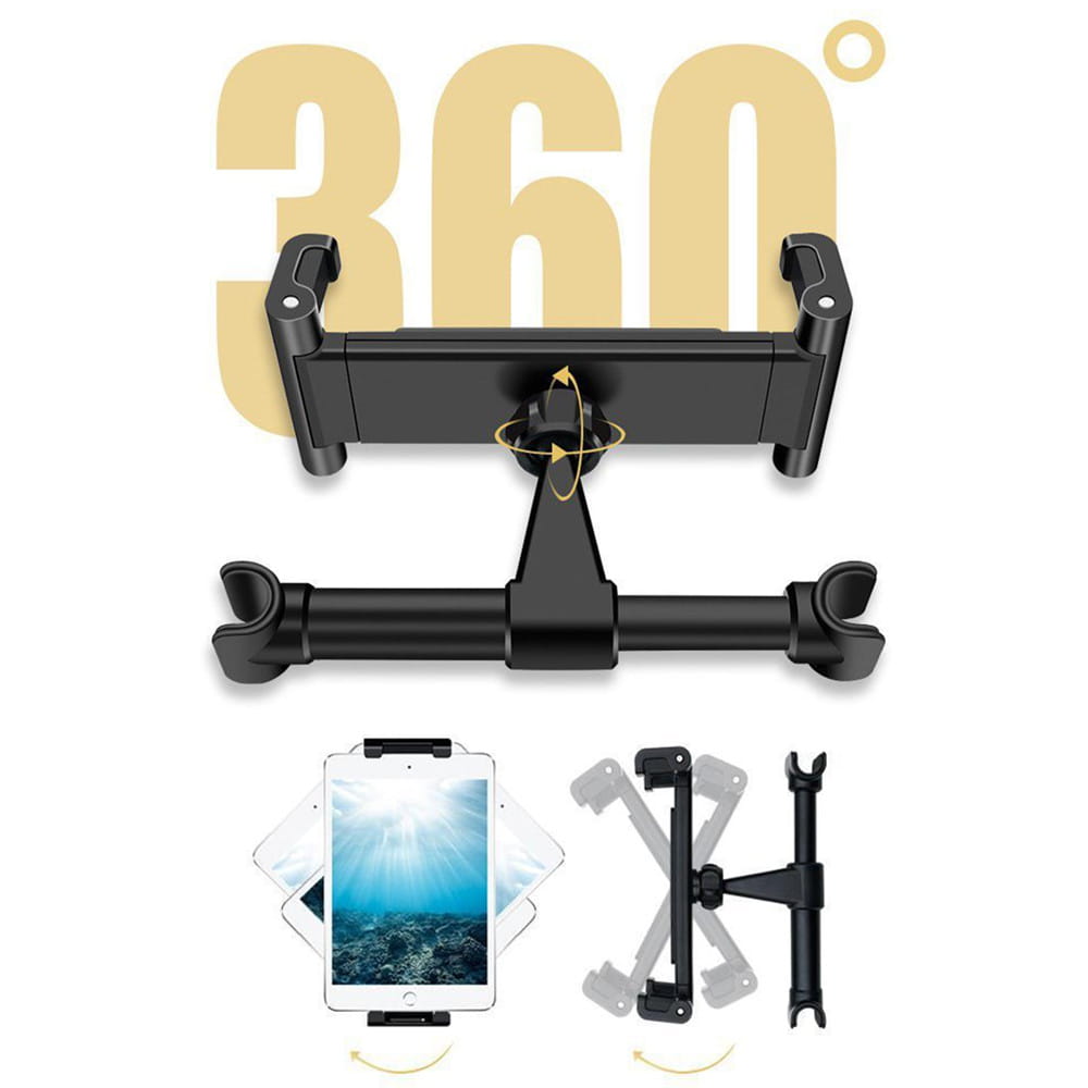 Soporte para tableta para reposacabezas de automóvil con rotación de 360 grados, color negro, con brazos ajustables y diseño de sujeción mediante abrazadera para dispositivos de 4,7 a 13 pulgadas.