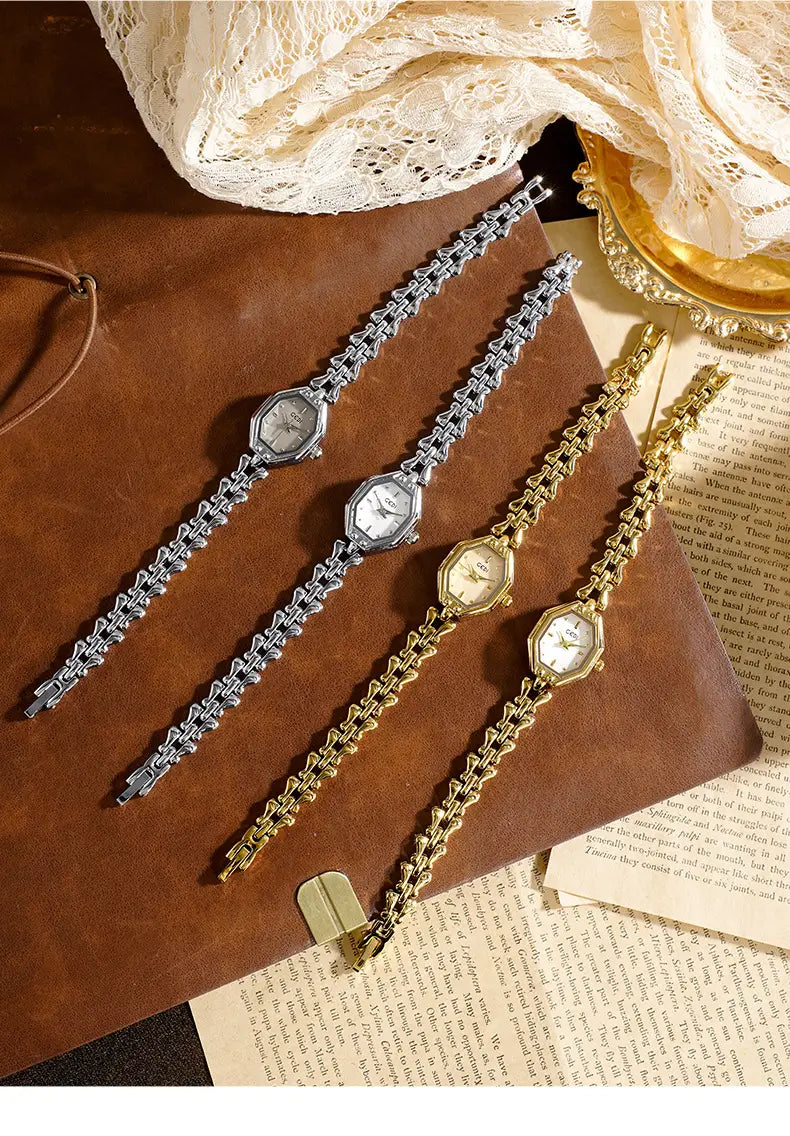 Three elegant gold octagonal quartz watches for ladies with luxury interlocking chain bracelets in silver rose gold and yellow gold finishes.
