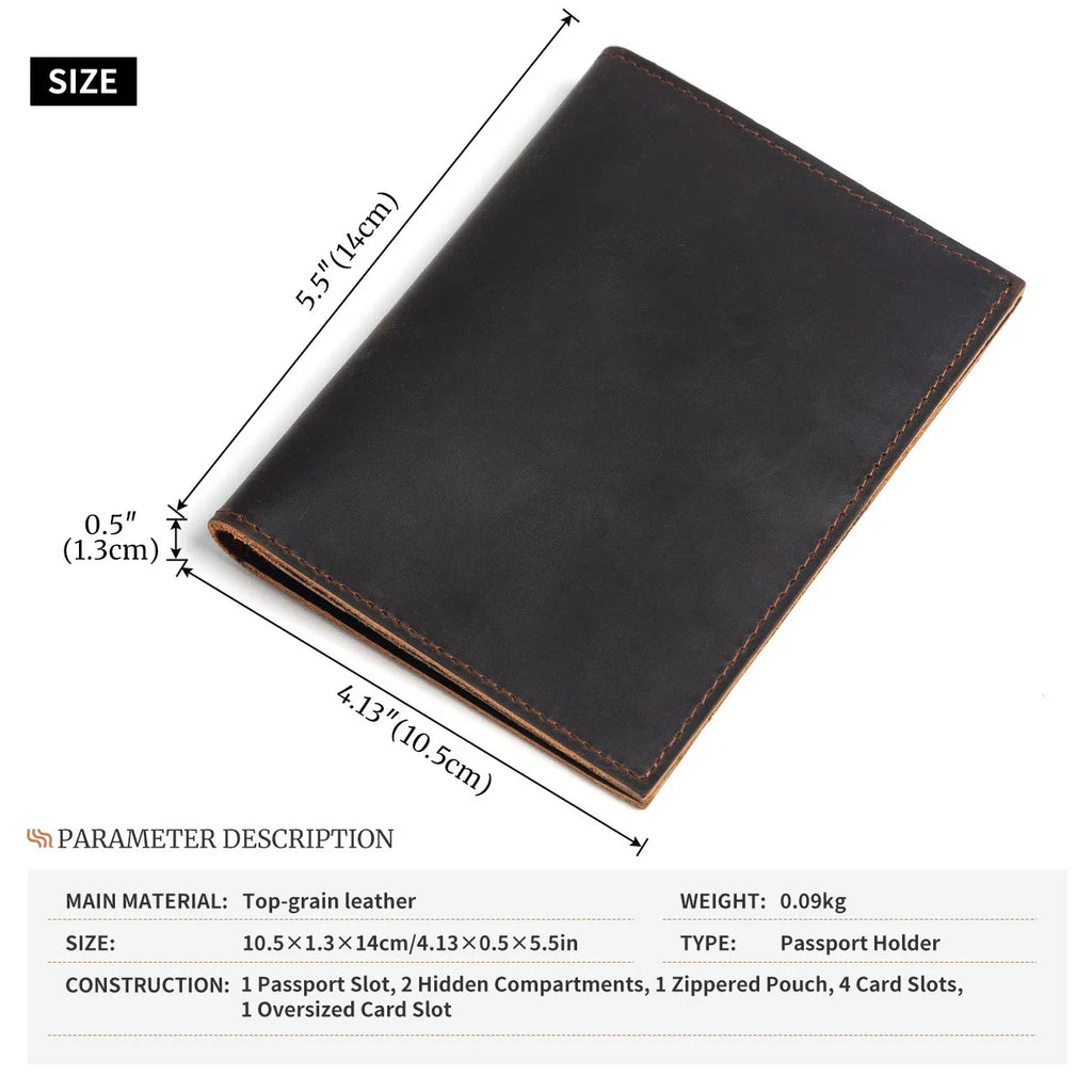 All-in-One Leather Passport Holder - Travel Wallet with Zipper & Card Slots, Durable Document Organizer for Trips & Business