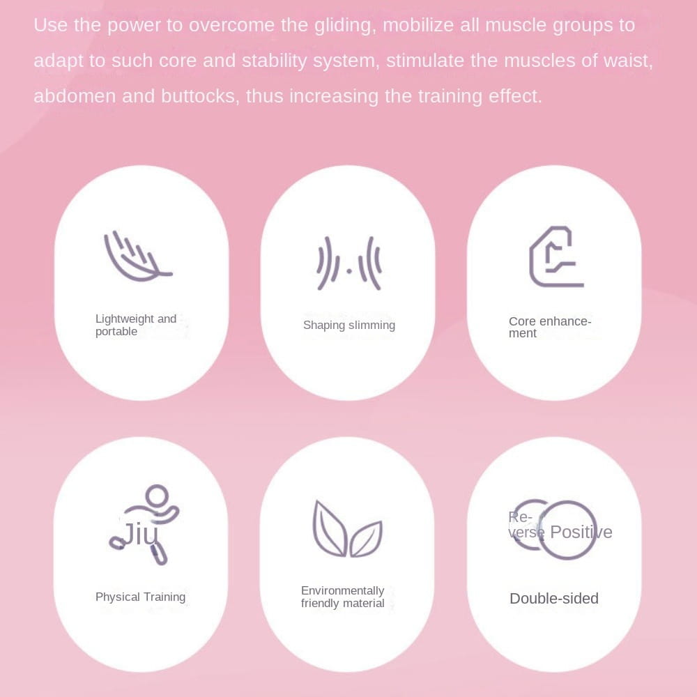 pink graphic illustration of six circular icons with white line art depicting fitness benefits and features of core sliders fitness gliding discs for abdominal training