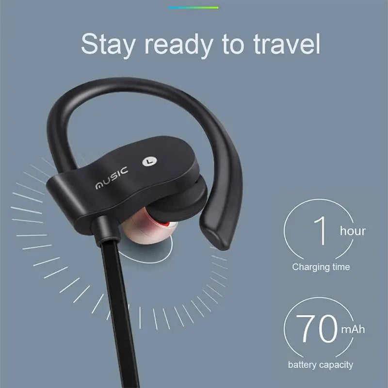 Black wireless sport earhooks Bluetooth headphones with a hook-style design and music branding on the outer shell.