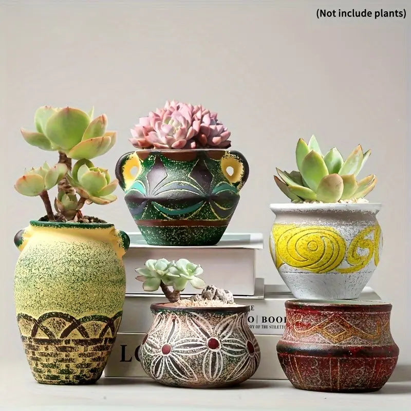 handcrafted ceramic succulent planter pot in earthy tones with intricate painted patterns and textured finishes, shown without packaging damage.