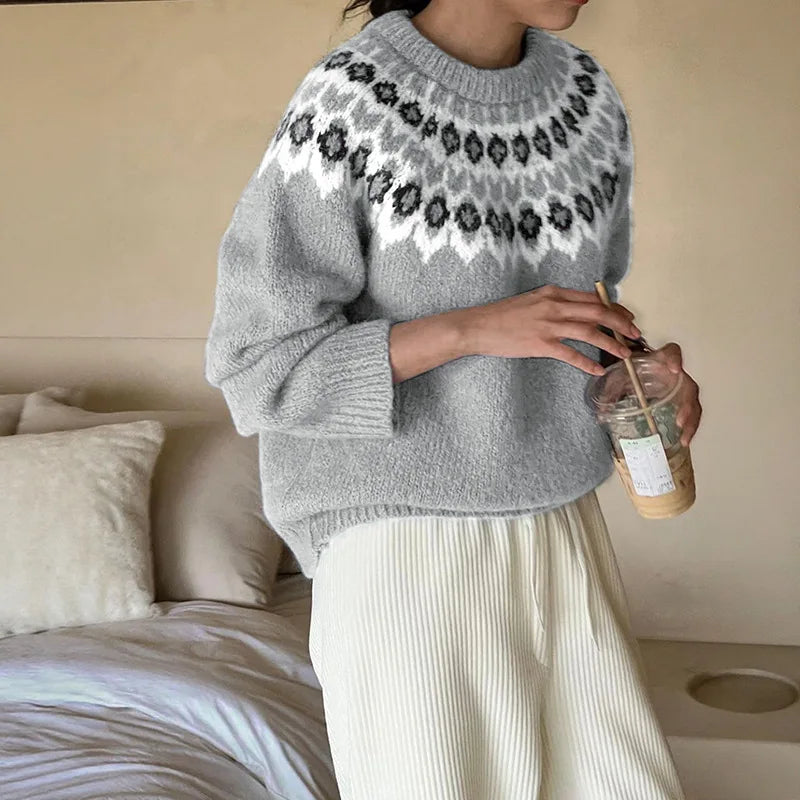 2025 New Autumn and Winter Cross-border Ethnic Style Long-sleeved Round-neck Fair Isle Sweater