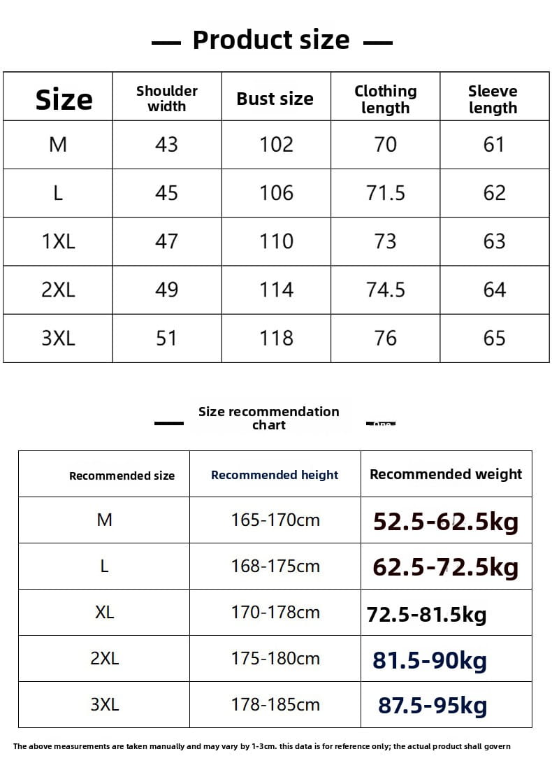 The product size chart for the men cotton long sleeve cargo shirt minimalist casual top shows measurements in centimeters and weight ranges for sizes m to 3xl.
