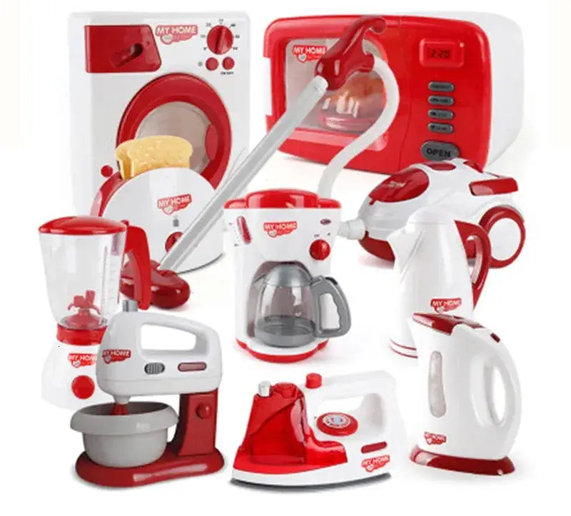 Rotes und weißes Kunststoff-Kinder-Küchen-Kleingeräte-Set mit Mikrowelle, Toaster, Blender, Kaffeemaschine, Mixer, Bügeleisen, Wasserkocher und Staubsauger für Rollenspiel-Lebensmittel.
