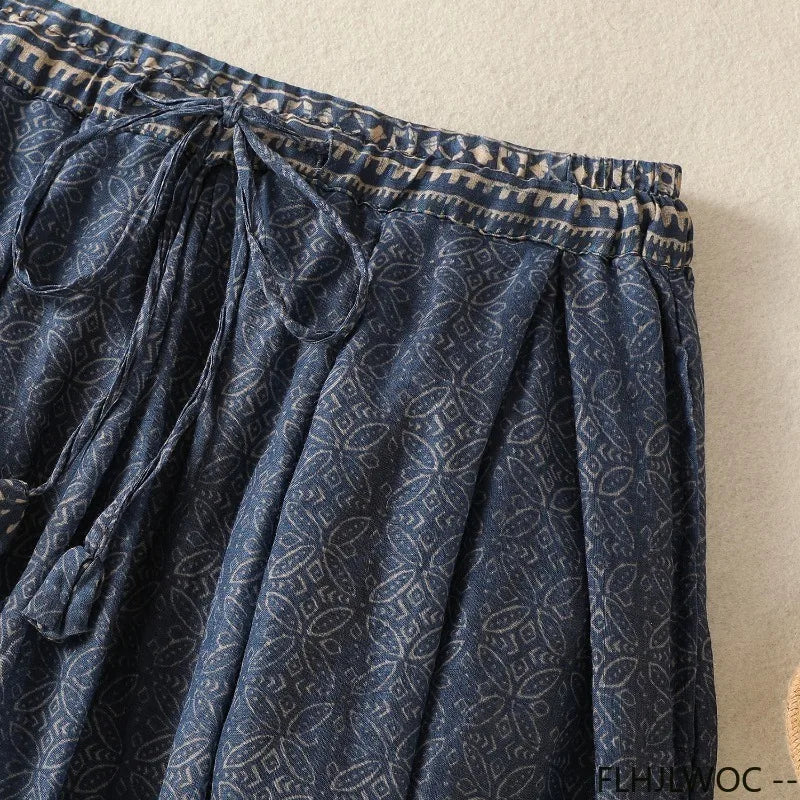 Bohemian Ethnic Style Lined Soft Linen Skirts Retro Vintage Cute Sweet Girls Blue Classic Thai Style Long Maxi Skirt
