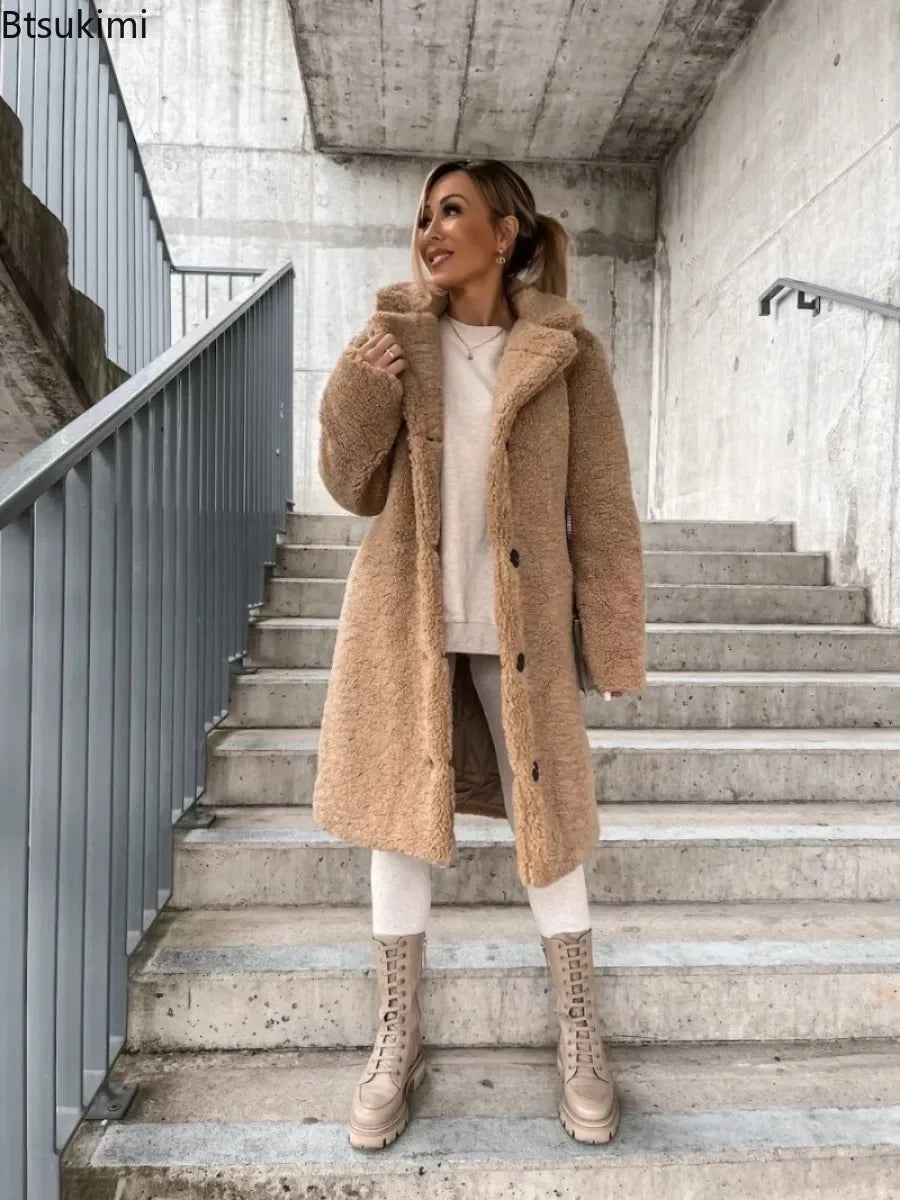 2026 Women's Winter Faux Wool Blends Warm Coat Single Breasted Outerwear Teddy Plush Overcoats Female Chic Streetwear Coats 5XL