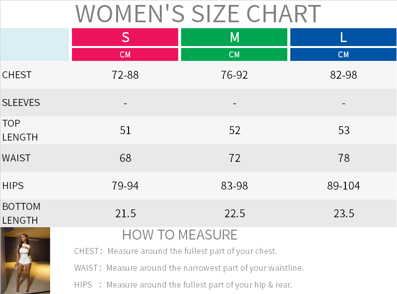 Women’s black ribbed knit cut out tank top and shorts set size chart displaying chest waist hips and bottom length measurements for sizes small medium and large.