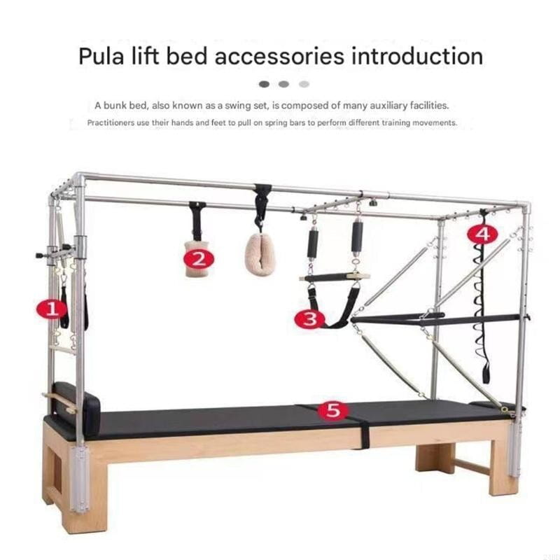 silver metal frame pilates reformer with black padded platform and wooden base featuring adjustable pilates straps with stainless steel buckles