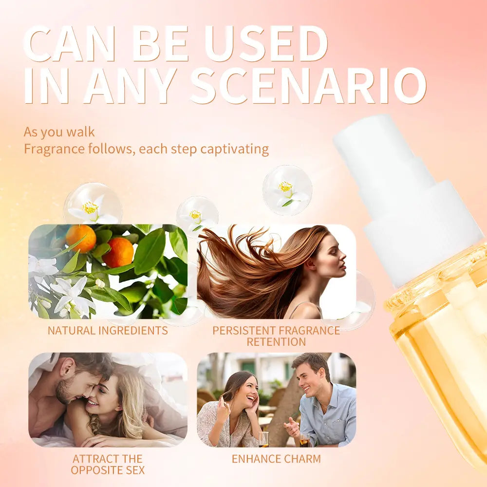 A sleek transparent spray bottle of Ejw perfumed hair mist and essential oil spray with a white nozzle and cap contains golden-hued liquid.
