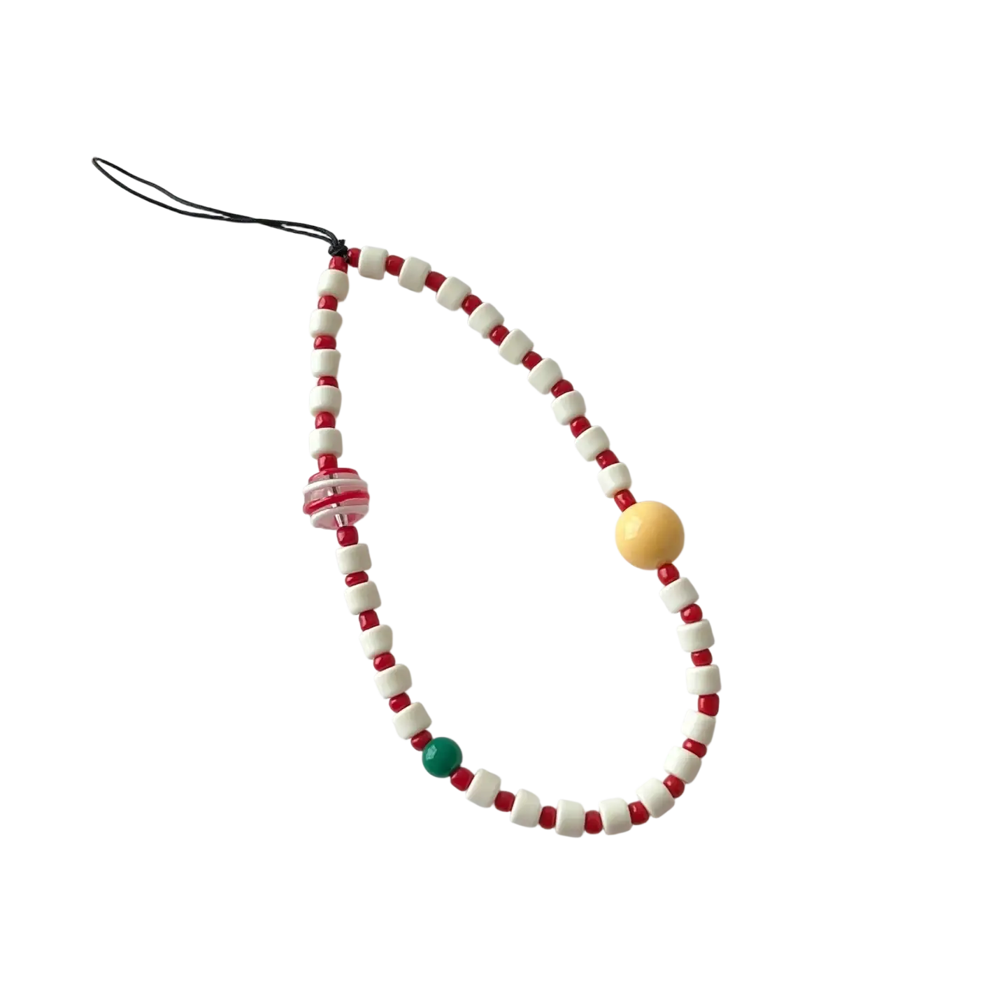 un bracelet de téléphone à perles colorées comprenant des perles rouges et blanches, une perle d’accent jaune, un séparateur en plastique transparent et une boucle de cordon noir
