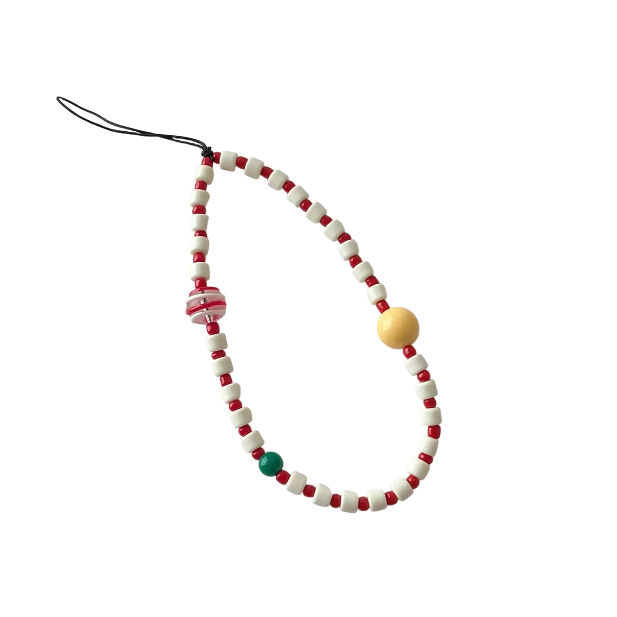 Red and white beaded ins cute phone wrist strap with yellow accent bead and clear glass charm front view