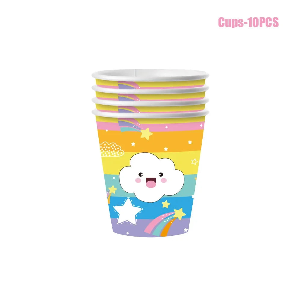 Rainbow Baby Shower Disposable Tableware Paper Plates Napkins Cups Pink Cloud Happy Girls Birthday Party Decoration Supplies