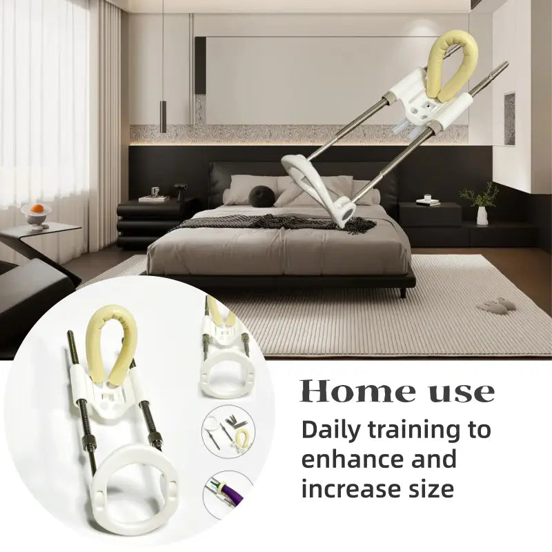 White and yellow adjustable adult penis exerciser with metal rods and plastic components designed for home gym storage rack organizer fitness equipment use.