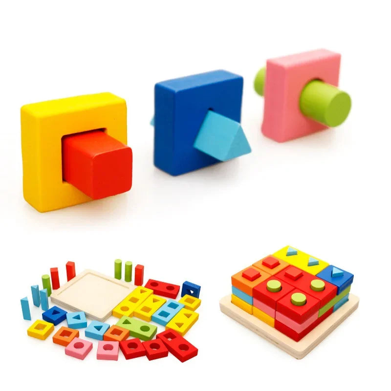 Baby Toys Geometric Wooden Blocks Shape Assembled Board Montessori Teaching Leaning Education Building Chopping Block Match Toy