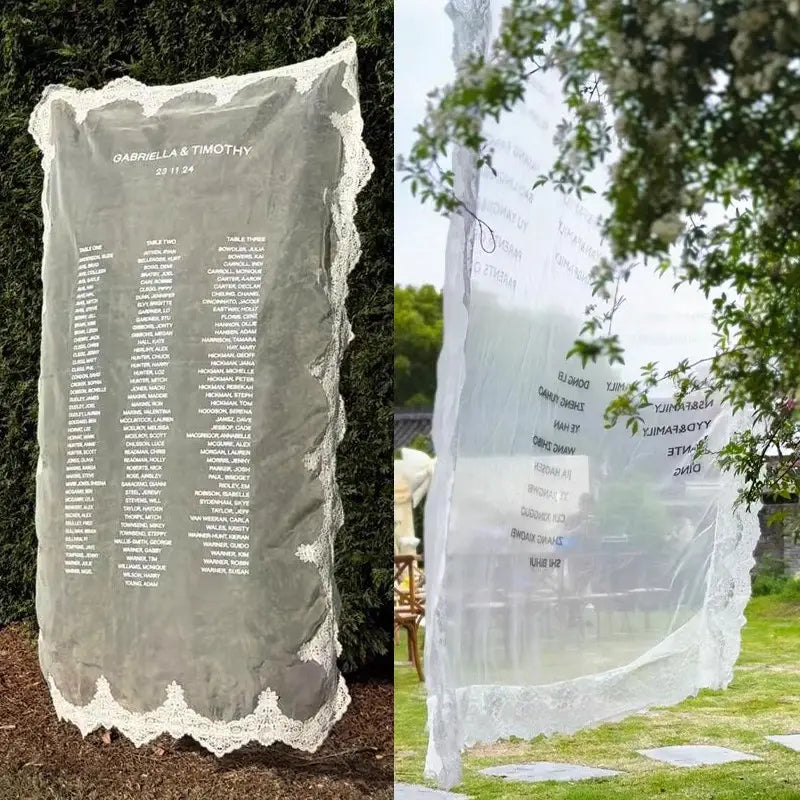 Ein transparentes, graues, mit Spitze eingefasstes Hochzeits-Willkommensschild als Banner mit bestickten Namen und Daten, gestaltet als Sitzordnung.