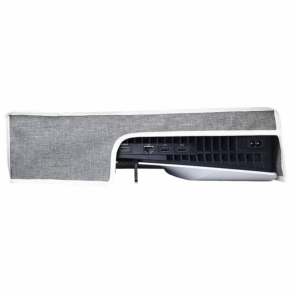 Gray textured oxford cloth ps5 pro console horizontal dust cover with white trim designed to fit over the ps5 pro console.