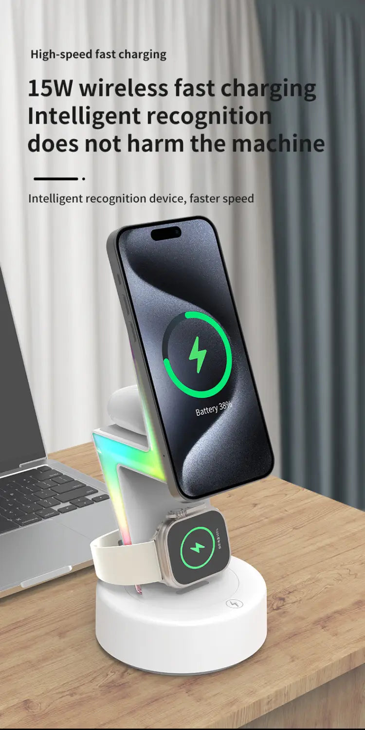 White circular wireless charging 3 in 1 rgb stand magnetic featuring 15w fast wireless charging output power and intelligent recognition for iphone and apple watch.