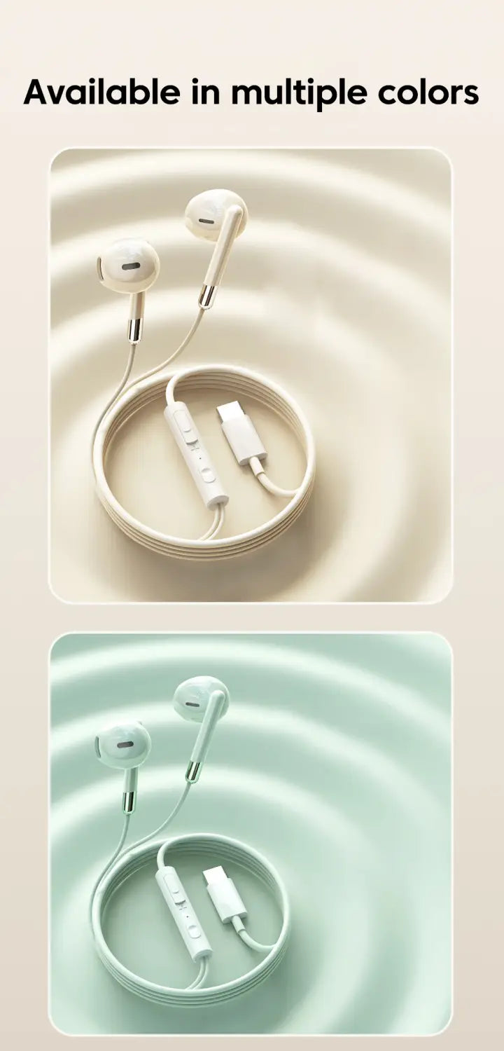 Kabelgebundene In-Ear-Kopfhörer mit Lautstärkeregelungsfunktion: weiße In-Ear-Kopfhörer mit gewendeltem Kabel und einer Inline-Fernbedienung mit Tasten, dargestellt in zwei Farbvarianten.