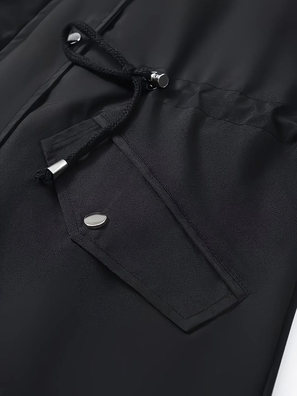 Women's mid-length hooded zipper trench jacket, featuring a full-zip front placket and adjustable hood pocket