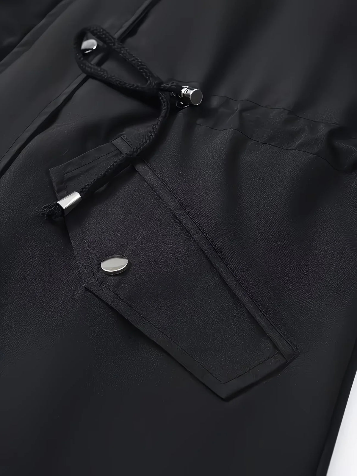 Women's mid-length hooded zipper trench jacket, featuring a full-zip front placket and adjustable hood pocket