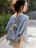 Elegant Blouses Women Vintage Bow Bandage Print Shirts Office Lady Summer Korean Batwing Sleeve Casual All Match Chic Tops