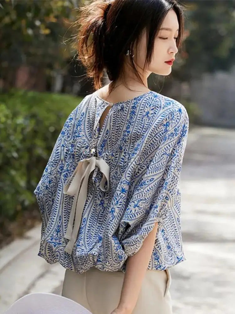 Elegant Blouses Women Vintage Bow Bandage Print Shirts Office Lady Summer Korean Batwing Sleeve Casual All Match Chic Tops