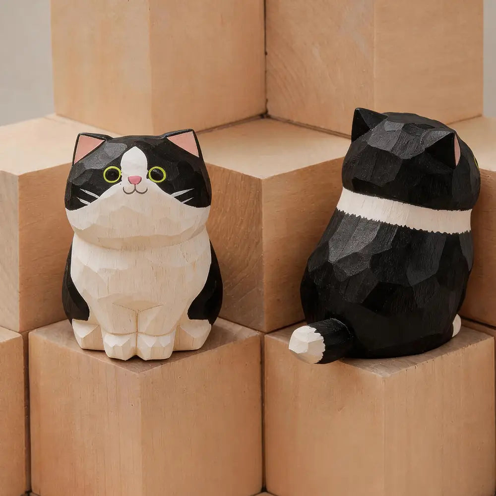 Handcrafted wooden cat figurine desk decor featuring cute black and white wood with painted green eyes and pink nose available as an actual product factory direct.