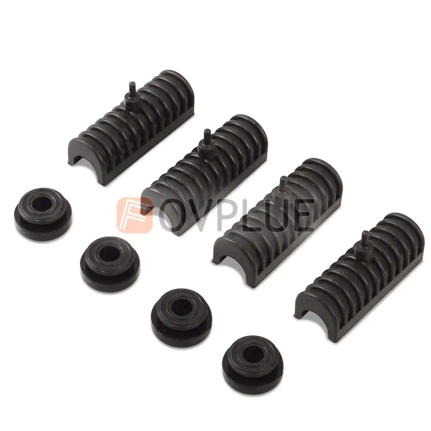 Set of four black rubber ribbed grommets with matching circular washers for Harley Touring Saddlebag Support Grommet Kit 1993 up.