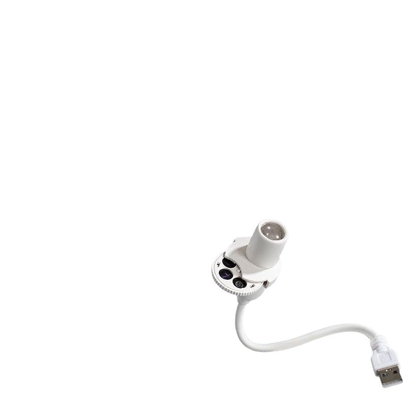 White usb powered galaxy projector with a cylindrical head, circular base, and three black adjustment knobs shown from a front angle with a flexible neck.