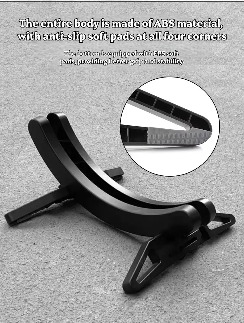 Support de stationnement pour vélo réglable en plastique ABS noir, avec patins souples antidérapants aux coins et poignée en mousse EPS en partie inférieure, pour un rangement sécurisé du vélo.
