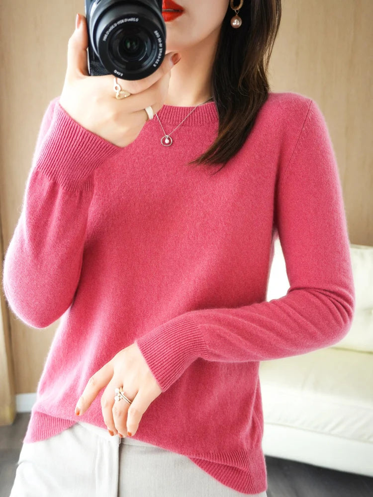 Autumn Winter Women Wool Sweater O-neck Long Sleeve Pullover Basic Casual Loose Style Famale Clothing Merino Wool Knitwear Tops