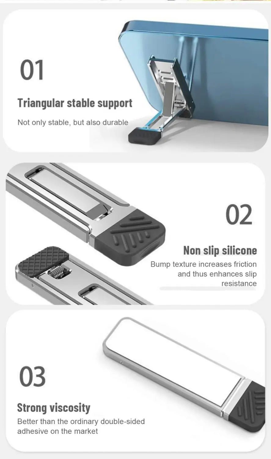 Silberner Laptopständer aus Aluminiumlegierung für Mobiltelefone mit dreieckigem Design, schwarzen rutschfesten Silikonpads und starker selbstklebender Rückseite.
