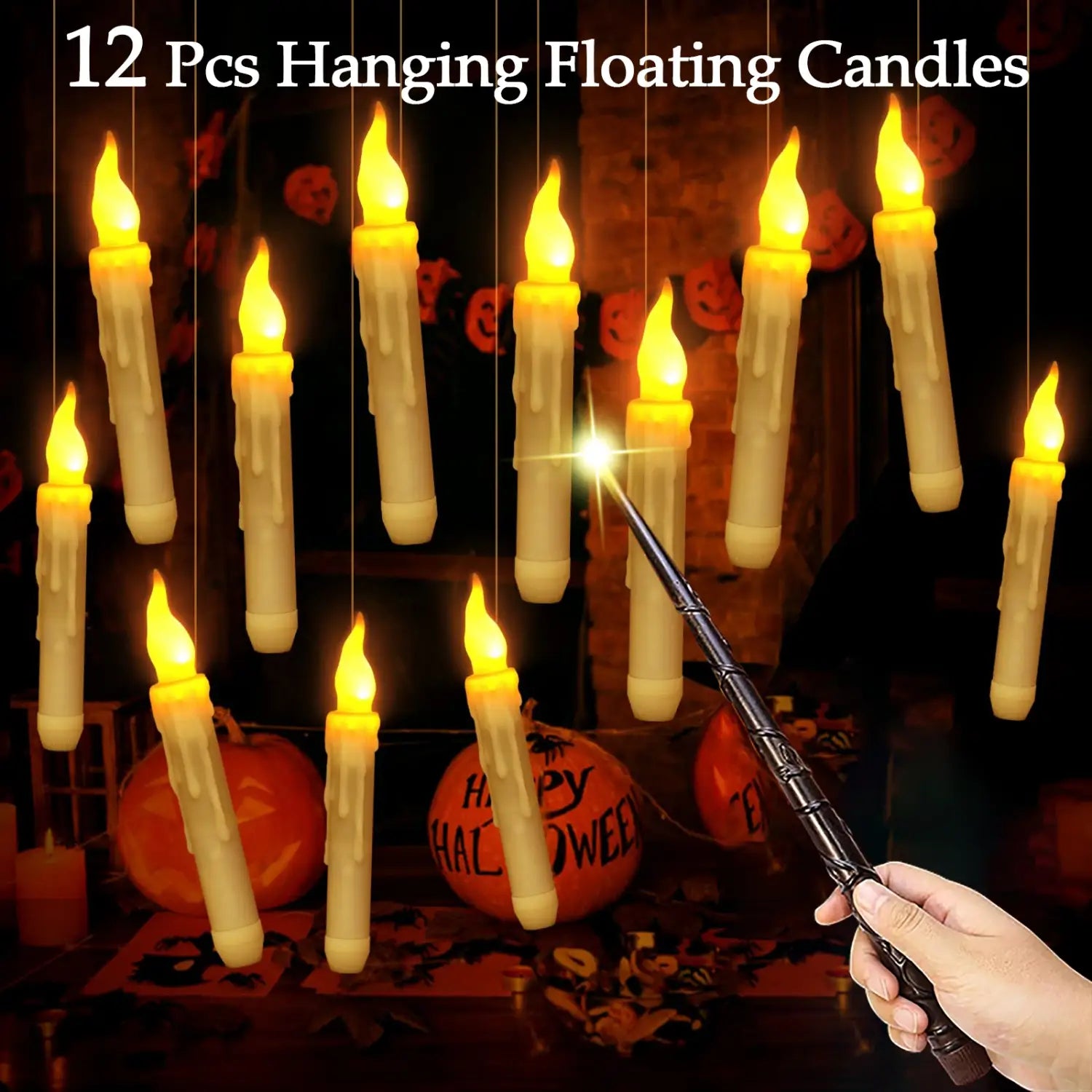 Twelve warm yellow led floating candles designed to mimic real wax candles and suspended by strings for decorative halloween use with magic wand remote.