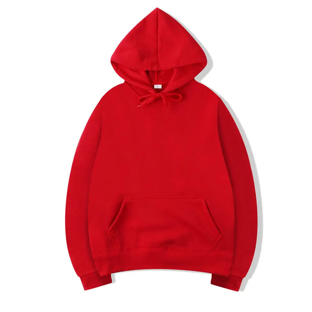 Sudadera con capucha oversize negra lisa para hombre con bolsillo frontal con capucha roja y cordón.