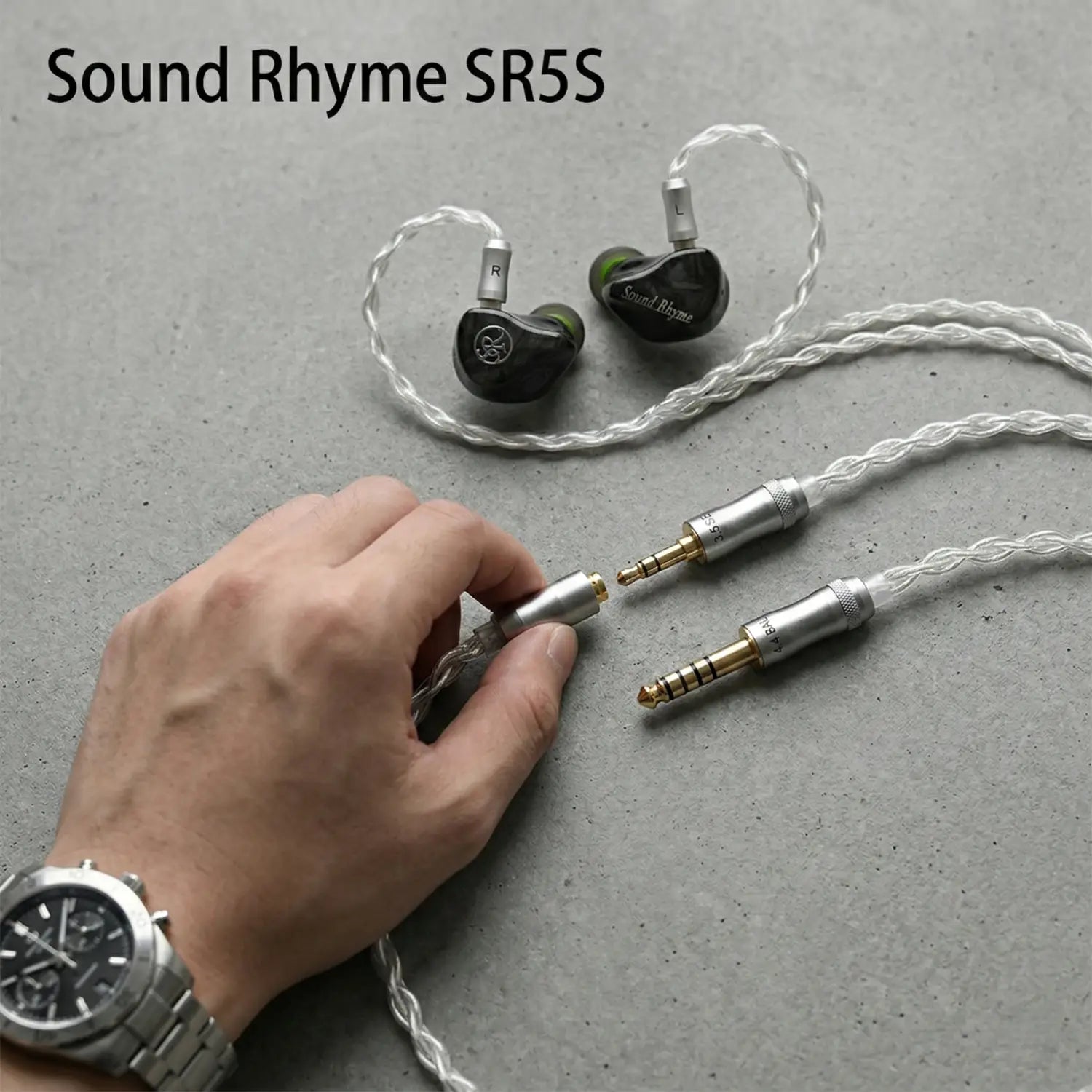 Artti Sr5s hybrid in-ear earphones featuring balanced armature drivers in black and silver with braided white single crystal copper cables designed for optimal fit in the human ear big.