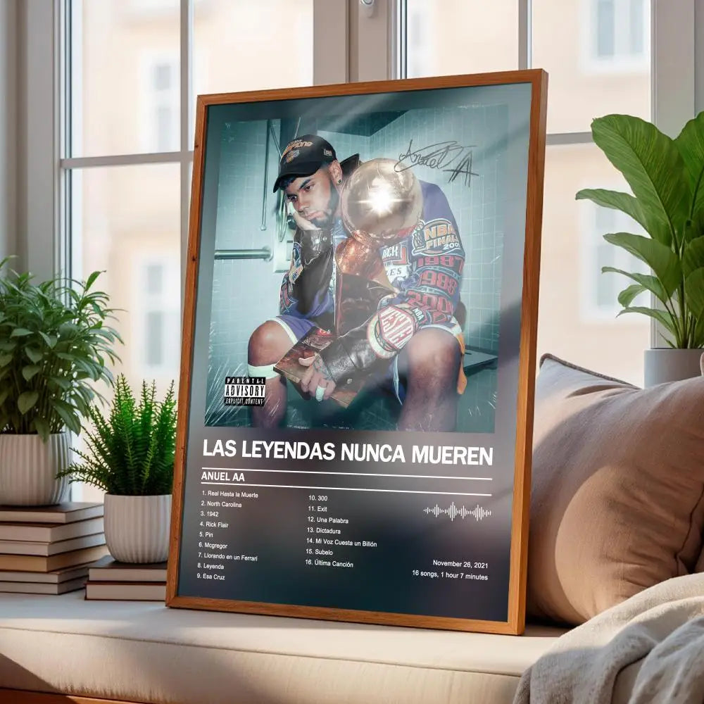 Wood-framed wall art featuring Anuel Aa holding a golden trophy with the album cover las leyendas nunca mueren in a modern style for art home decor.