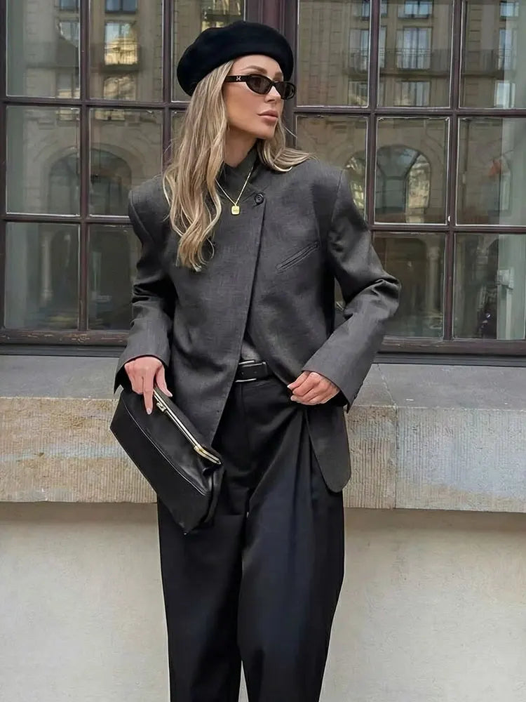 HH Women Casual Asymmetrical Dark Grey Blazer One Button Long Sleeve Jacket Coats 2026 Trend Vintage Solid Office Blazers