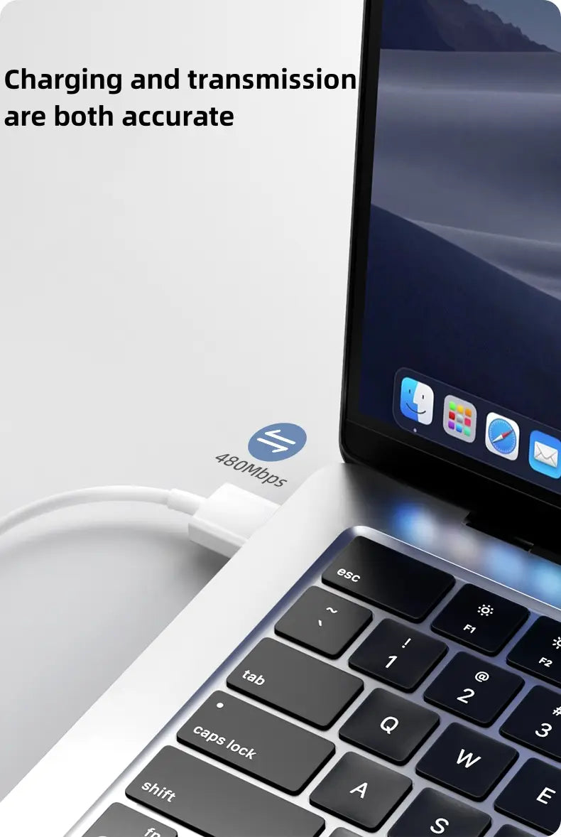 Cable de carga USB-C en color blanco con etiqueta de velocidad de 480 Mbps, diseñado para la carga rápida de iPhone mediante USB-C de 35 W.