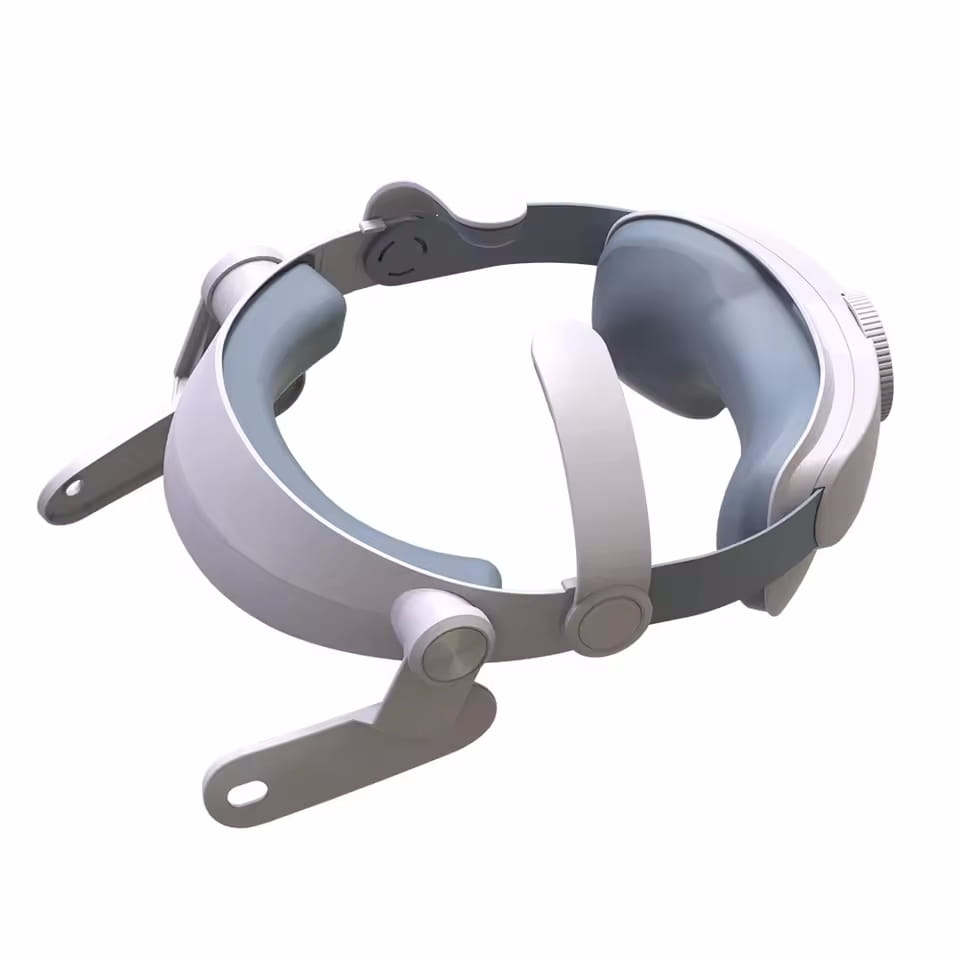 Sangle de casque réglable gris et blanc pour la réalité virtuelle Meta Quest 3, dotée d’un serre-tête ergonomique de type lampe grossissante avec bras articulés et coussinets d’oreilles rembourrés.