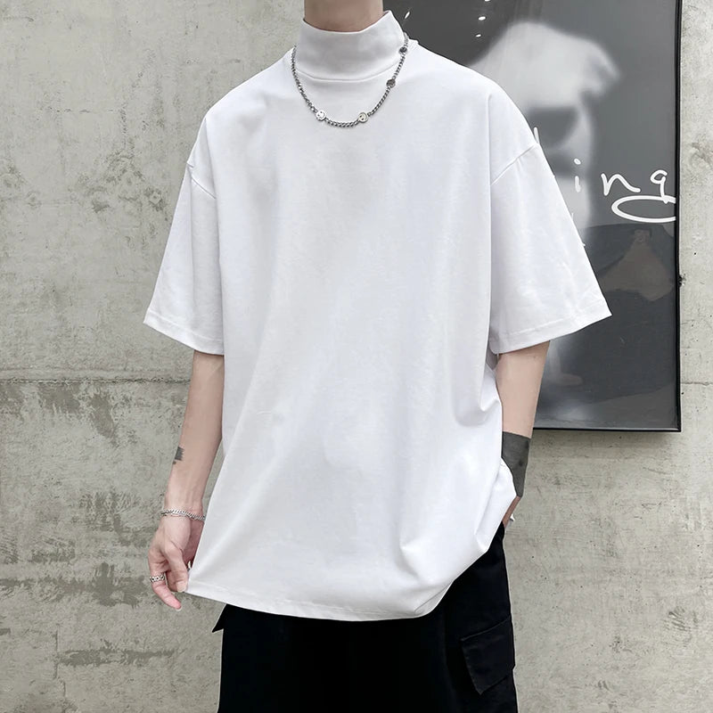 2024 Men Tshirt Solid Streetwear Turtleneck Hip Hop Male Oversized T Shirts Man Casual Short Sleeve Top Tees Black/White/Purple